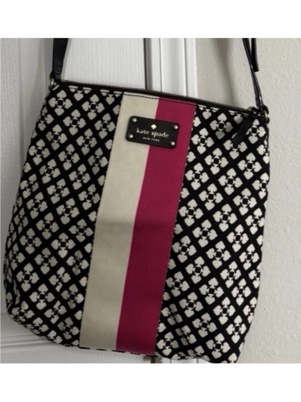 kate spade Black & Cream Crossbody with Pink Stripe